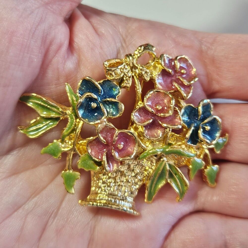 Gold tone vintage flower basket brooch colorful